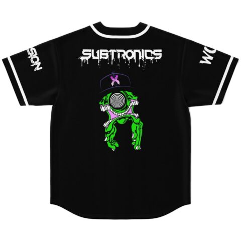 Black jersey back with dripping white lettering and neon green skeleton creature graphic, flat-lay view