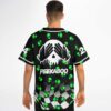Model wearing neon green alien-head jersey with warped checkerboard design and REEKABOO graphic, back view