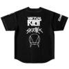 Black reverse jersey with stacked white typography and outlined geometric emblem, rear view
