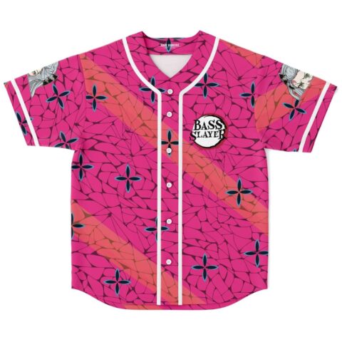Pink butterfly-wing mosaic jersey with white trim and BASS SLAYER badge, front view