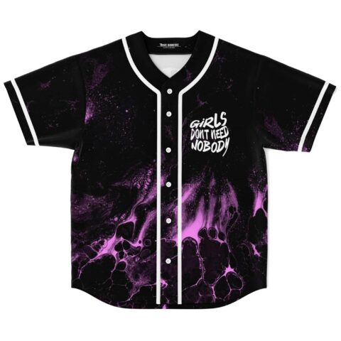 Black and purple fluid marble jersey front, white piping, “GIRLS DONT NEED NOBODY” text