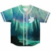 Teal fantasy landscape jersey front view featuring a white dragon emblem and button placket