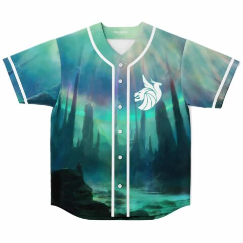 Teal fantasy landscape jersey front view featuring a white dragon emblem and button placket