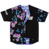 Split black floral and periwinkle geometric jersey with neon flowers, exposed inner panel, front view