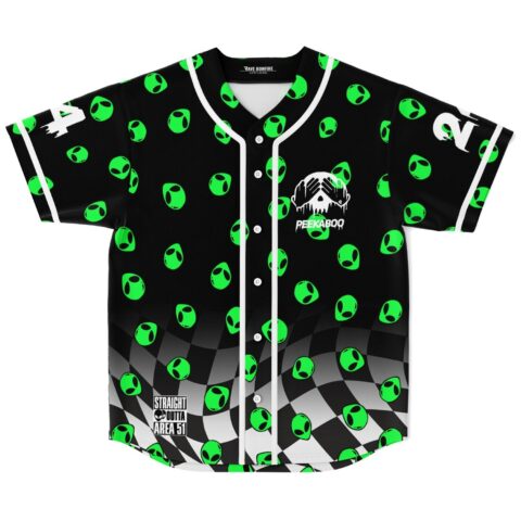 Neon alien-head jersey with checkerboard hem and STRAIGHT OUTTA AREA 51 text, front view