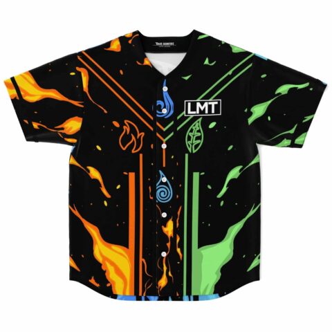 Black elemental symbols jersey front view showing LMT, orange fire, green earth, and blue water