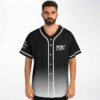 Black gradient concert jersey front features BUNT logo, white piping, and button closure on model