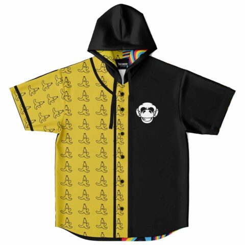 Hooded baseball jersey with yellow and black color block design