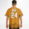 Model wearing anime-inspired mountain and floral print jersey, showing the back with “BEER 24” lettering