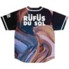 Blue, mauve, and bronze abstract swirl covers back with bold white lettering, studio rear view