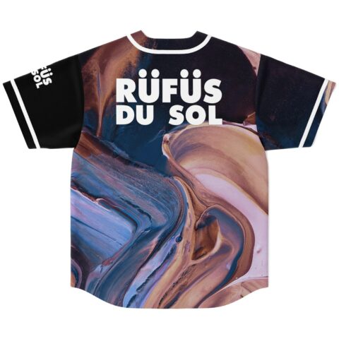 Blue, mauve, and bronze abstract swirl covers back with bold white lettering, studio rear view
