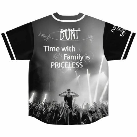 Concert crowd graphic jersey back with “Time with Family is PRICELESS” beneath BUNT lettering flat-lay