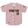 Pink pinstripe rave jersey front view featuring “GAME TIME” and number 19 with sleeve patches