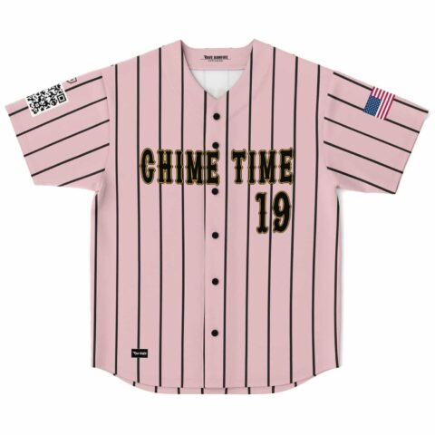 Pink pinstripe rave jersey front view featuring “GAME TIME” and number 19 with sleeve patches