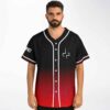Black-to-red gradient front with white piping, buttons, and angular cross emblem, model view