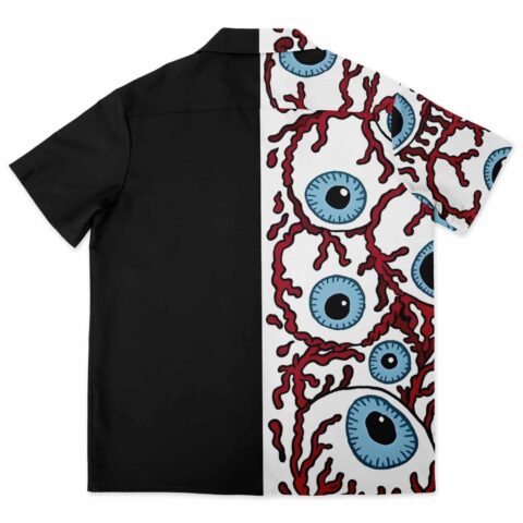 Trippy eyes shirt back view showcasing repeated eye pattern on black fabric