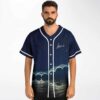 Starry night ocean jersey, modeled front view, showing starry sky, white piping, and moonlit waves