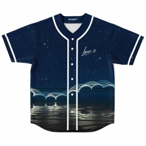 Starry night ocean jersey with white wave lines and reflective water, front view