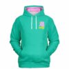 Teal hoodie front view features small pink-and-yellow "IT'S ALL LOVE" chest print and pink-lined hood