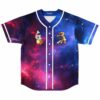 Purple cosmic galaxy jersey front view with cartoon-style creatures and white piping