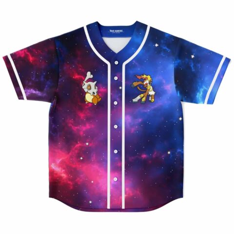 Purple cosmic galaxy jersey front view with cartoon-style creatures and white piping