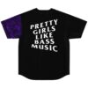 Black jersey back view with purple abstract swirl sleeve, “PRETTY GIRLS LIKE BASS MUSIC”