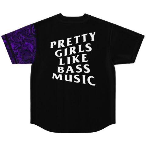 Black jersey back view with purple abstract swirl sleeve, “PRETTY GIRLS LIKE BASS MUSIC”