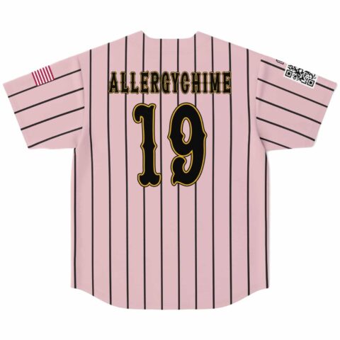 Pink pinstripe rave jersey back view displaying “ALLERGYCHIME” and number 19 with sleeve patches