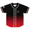 Black-to-red gradient front with white piping, buttons, and angular cross emblem, flat lay