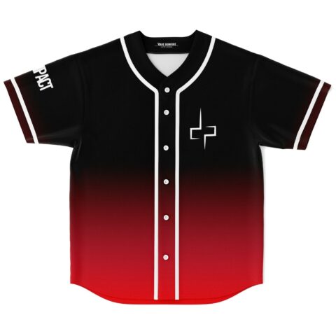 Black-to-red gradient front with white piping, buttons, and angular cross emblem, flat lay