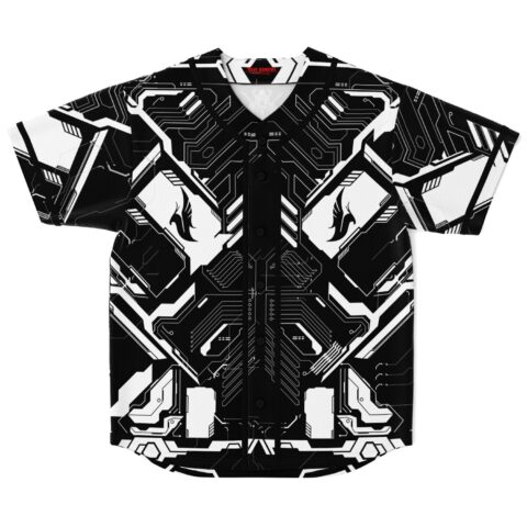 Black-and-white mechanical circuit pattern with angular panels, flat front view on white background