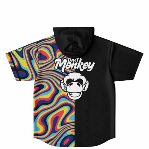 Back view of hooded jersey featuring colorful wavy design and logo