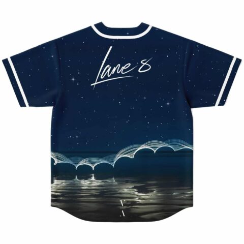 Starry night ocean jersey featuring moonlit waves and scattered stars, back view on white background