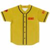 Mustard yellow vintage-washed rose graphic jersey with black piping and red chest lettering, front view