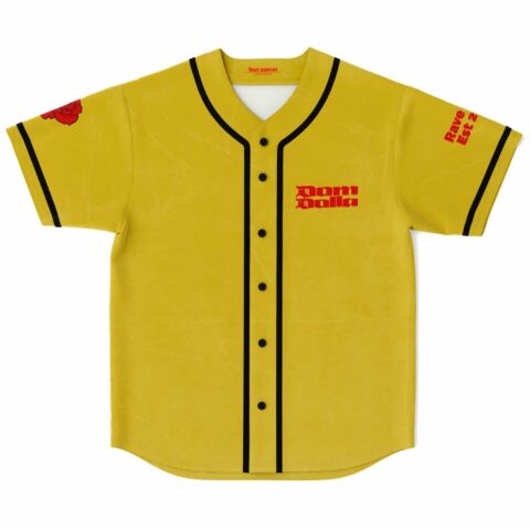 Mustard yellow vintage-washed rose graphic jersey with black piping and red chest lettering, front view