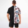 Model wearing trippy eyes shirt from back with black shorts