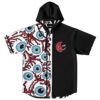 Black and white rave hooded baseball jersey with an eye graphic and black side panel