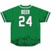 Kelly green jersey back view featuring readable BEER 24 text and illustrated mountain hem