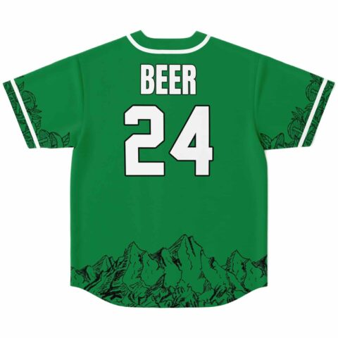 Kelly green jersey back view featuring readable BEER 24 text and illustrated mountain hem