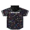 Colorful geometric doodle pattern across black jersey, back view with hood