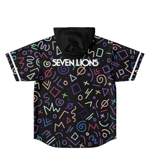 Colorful geometric doodle pattern across black jersey, back view with hood