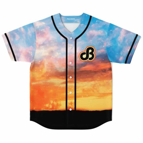 Sky-blue sunset jersey with star-speckled clouds and black trim, shown from the front on white
