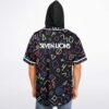 Colorful geometric doodle pattern shown on model, back view at a festival