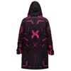 Black cyber circuit cloak back view featuring an angular pink emblem and technical linework