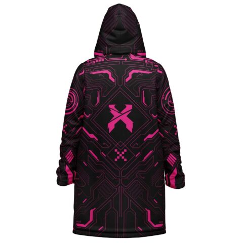 Black cyber circuit cloak back view featuring an angular pink emblem and technical linework