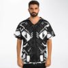 Mechanical circuit-board jersey with white geometric panels, worn front-facing at a festival