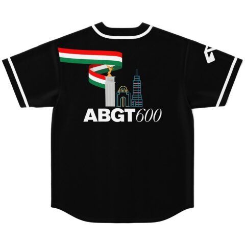 Black jersey with tricolor ribbon, skyline graphic, and ABGT600 text in a back product view