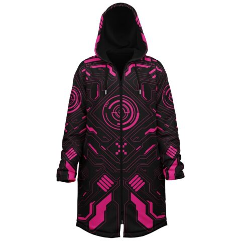 Black cyber circuit cloak front view with concentric targets and vivid pink geometric accents