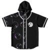 Black cosmic bubble pattern with white lion emblem, front view of hooded baseball jersey