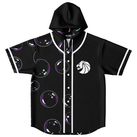Black cosmic bubble pattern with white lion emblem, front view of hooded baseball jersey
